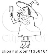 Lineart Clipart Of A Cartoon Black And White Chubby Halloween Witch Applying Lipstick Royalty Free Outline Vector Illustration