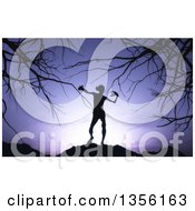 Clipart Of A 3d Silhouetted Demon At Night Against A Purple Sky And Bare Branches Royalty Free Illustration
