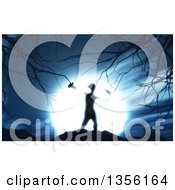 Clipart Of A 3d Blurred Silhouetted Demon At Night Against A Full Moon With Bare Branches Royalty Free Illustration