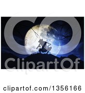 Clipart Of A 3d Silhouetted Crouching Demon Against A Full Moon With Bare Branches Royalty Free Illustration