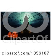Clipart Of A 3d Silhouetted Haunted Halloween Castle And Jackolantern Pumpkins Against A Full Moon With Bats And Bare Branches Royalty Free Illustration