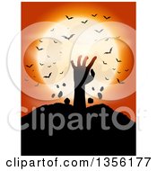 Poster, Art Print Of Silhouetted Zombie Hand Rising From The Grave Against A Full Moon With Vampire Bats On Orange