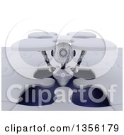 Poster, Art Print Of 3d Futuristic Robot Popping Out Of A Giant Jigsaw Puzzle And Holding The Final Piece On A Shaded White Background