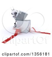 Clipart Of A 3d Futuristic Robot Opening A Gift On A Shaded White Background Royalty Free Illustration