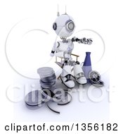 Poster, Art Print Of 3d Futuristic Robot Movie Director Pointing Sitting In A Chair By A Bullhorn And Film Reels On A Shaded White Background