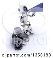 3d Futuristic Robot Movie Director Using A Bull Horn And Sitting In A Chair By Film Reels On A Shaded White Background