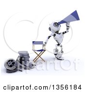 Poster, Art Print Of 3d Futuristic Robot Movie Director Using A Bull Horn By A Chair And Film Reels On A Shaded White Background