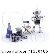 3d Futuristic Robot Movie Director Using A Clapper By A Chair Bull Horn And Film Reels On A Shaded White Background