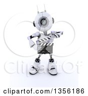 Poster, Art Print Of 3d Futuristic Robot Movie Director Using A Clapper Board On A Shaded White Background