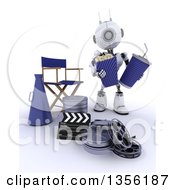 3d Futuristic Robot Holding Popcorn And A Soda By A Directors Chair Movie Reels And A Bullhorn On A Shaded White Background