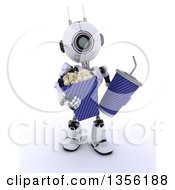 3d Futuristic Robot Carrying Movie Popcorn And A Fountain Soda On A Shaded White Background