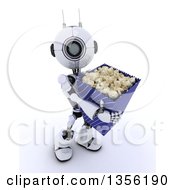 Poster, Art Print Of 3d Futuristic Robot Carrying A Giant Bucket Of Popcorn On A Shaded White Background