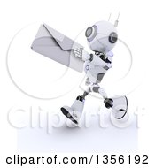 Poster, Art Print Of 3d Futuristic Robot Running And Holding Out An Envelope On A Shaded White Background