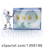 Poster, Art Print Of 3d Futuristic Robot Pointing To A Giant Computer Window With Folders On A Shaded White Background