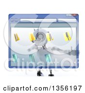 Clipart Of A 3d Futuristic Robot Touching A Giant Computer Window With Folders On A Shaded White Background Royalty Free Illustration