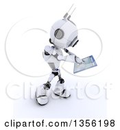 3d Futuristic Robot Holding A Touchscreen Computer Window On A Shaded White Background