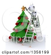 Poster, Art Print Of 3d Futuristic Robot Standing On A Ladder And Decorating A Christmas Tree On A Shaded White Background