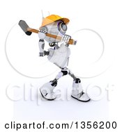 Clipart Of A 3d Futuristic Robot Construction Worker Contractor Swinging A Sledgehammer On A Shaded White Background Royalty Free Illustration