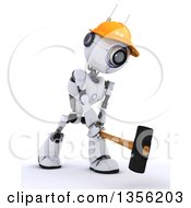Clipart Of A 3d Futuristic Robot Construction Worker Contractor Swinging A Sledgehammer On A Shaded White Background Royalty Free Illustration