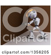 Poster, Art Print Of 3d Futuristic Robot Construction Worker Contractor Demolishing A Brick Wall With A Sledgehammer