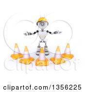 Poster, Art Print Of 3d Futuristic Robot Construction Worker Contractor With Cones On A Shaded White Background
