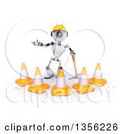 Poster, Art Print Of 3d Futuristic Robot Construction Worker Contractor With A Pickaxe And Cones On A Shaded White Background
