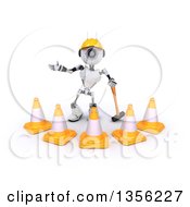Poster, Art Print Of 3d Futuristic Robot Construction Worker Contractor With A Sledgehammer And Cones On A Shaded White Background
