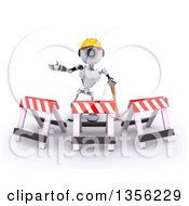 Poster, Art Print Of 3d Futuristic Robot Construction Worker Contractor With A Pickaxe And Barriers On A Shaded White Background