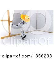 Poster, Art Print Of 3d Futuristic Robot Construction Worker Contractor Installing Drywall On A Shaded White Background
