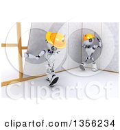 Poster, Art Print Of 3d Futuristic Robot Construction Worker Contractors Installing Drywall On A Shaded White Background