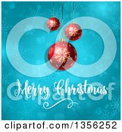 Poster, Art Print Of Merry Christmas Greeting Under 3d Red Suspended Baubles On Blue Snowflakes And Flares