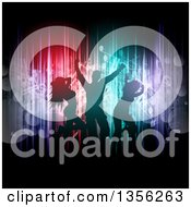 Poster, Art Print Of Silhouetted People Dancing Over Colorful Vertical Lights And Flares With Music Notes On Black