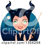 Poster, Art Print Of Maleficent Witch Holding A Wand Over A Castle Full Moon And Bats
