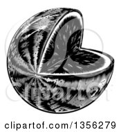 Clipart Of A Black And White Vintage Woodcut Watermelon With A Missing Wedge Royalty Free Vector Illustration