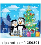 Poster, Art Print Of Cartoon Happy Penguin Family With Gifts By A Christmas Tree In The Snow