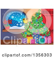 Poster, Art Print Of Christmas Tree Character Ringing A Bell With Gifts Indoors
