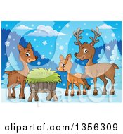 Cartoon Cute Deer Family By A Feeder In The Snow