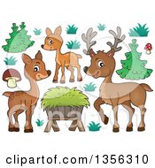 Poster, Art Print Of Cartoon Cute Deer Family Hay And Plants