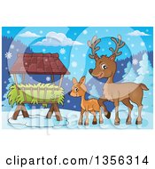 Cartoon Cute Baby Deer And Doe By A Feeder In The Winter