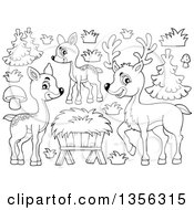 Cartoon Black And White Cute Deer Family Trees And Plants