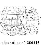 Poster, Art Print Of Cartoon Black And White Cute Buck Deer By A Hay Feeder