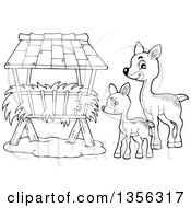 Cartoon Black And White Cute Baby Deer And Doe At A Feeder
