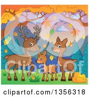 Cartoon Cute Deer Family In An Autumn Landscape