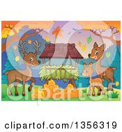 Poster, Art Print Of Cartoon Cute Deer Family By A Hay Feeder In An Autumn Landscape