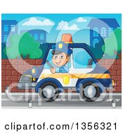 Poster, Art Print Of Cartoon White Male Police Officer Driving A Car In A City