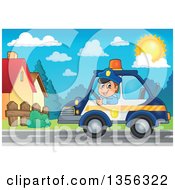Cartoon White Male Police Officer Driving A Car Through A Neighborhood