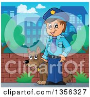 Cartoon White Male Police Officer With A Dog In A City