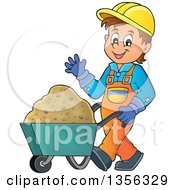 Caucasian Male Construction Worker Waving And Moving Sand In A Wheelbarrow