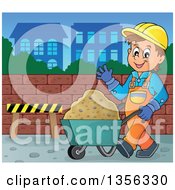 Clipart Of A Caucasian Male Construction Worker Waving And Moving Sand In A Wheelbarrow On A City Lot Royalty Free Vector Illustration by visekart