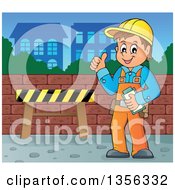 Poster, Art Print Of Cartoon Caucasian Male Construction Worker Giving A Thumb Up In The City